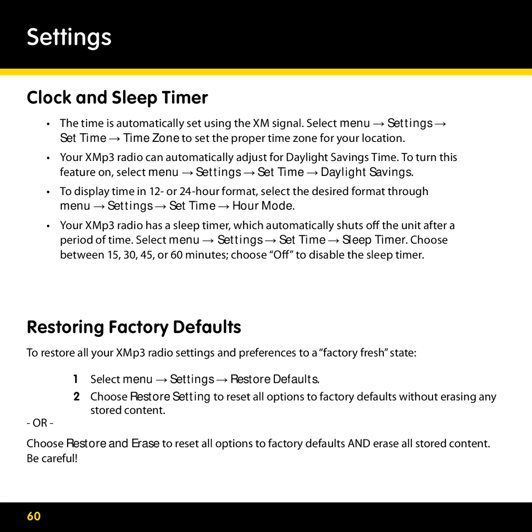 Lexmark GEX-XMP3 manual Clock and Sleep Timer, Restoring Factory Defaults, Select menu → Settings → Restore Defaults 