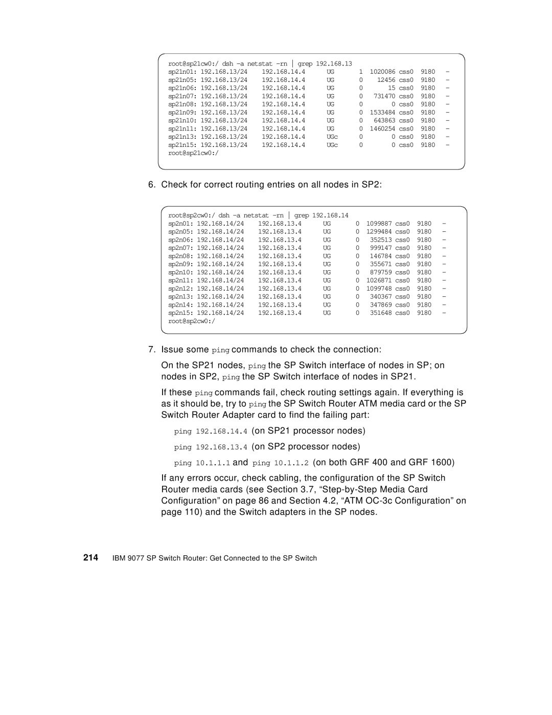 Lexmark IBM 9077 manual Check for correct routing entries on all nodes in SP2 