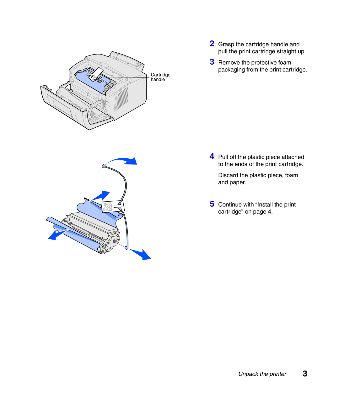 Lexmark Infoprint 1116 setup guide Grasp the cartridge handle and pull the print cartridge straight up, Unpack the printer 
