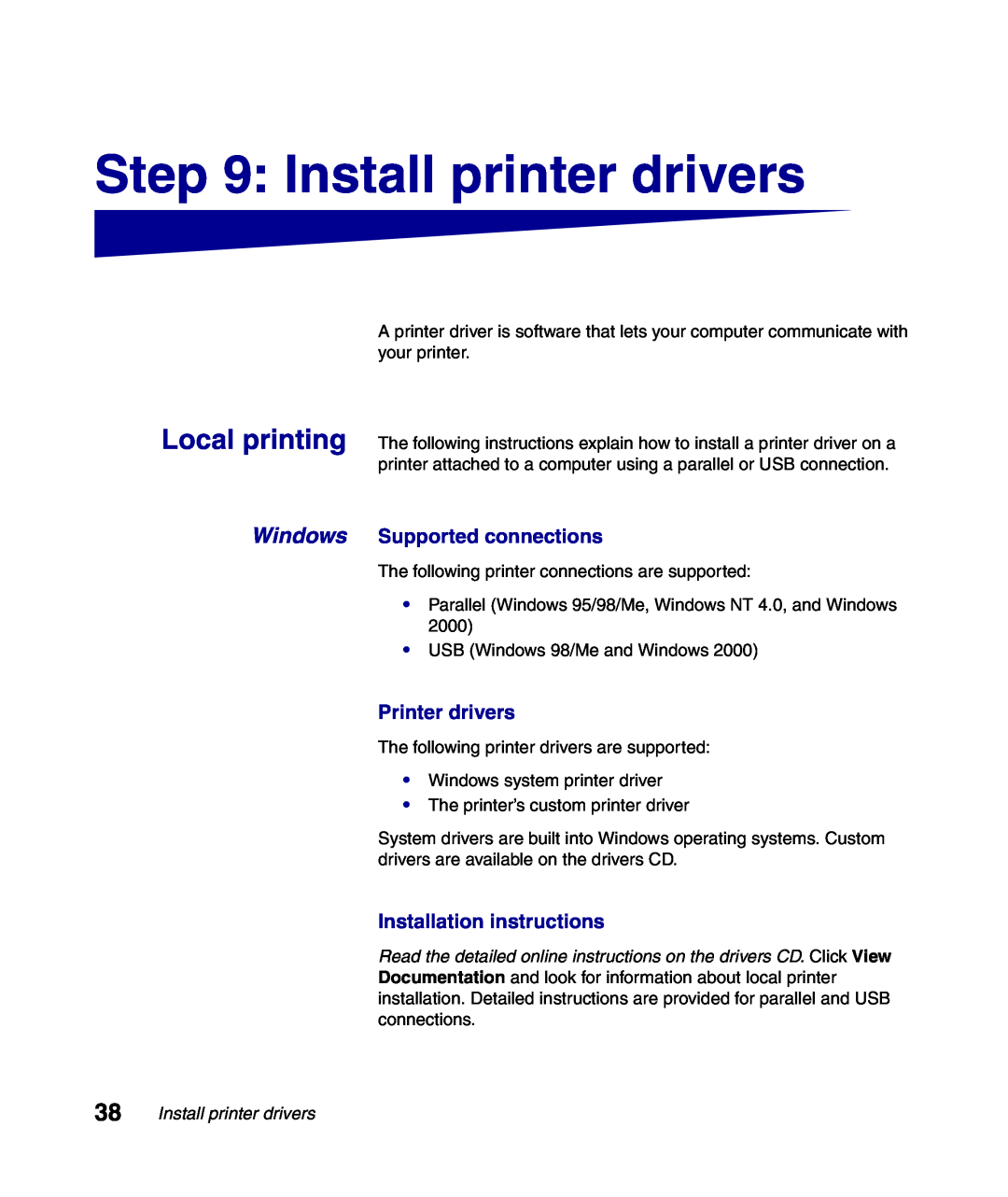 Lexmark Infoprint 1116 Install printer drivers, Windows Supported connections, Printer drivers, Installation instructions 