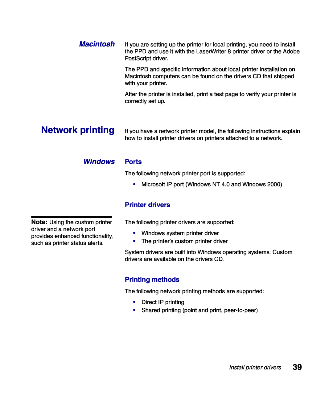 Lexmark Infoprint 1116 setup guide Network printing, Macintosh, Windows Ports, Printer drivers, Printing methods 