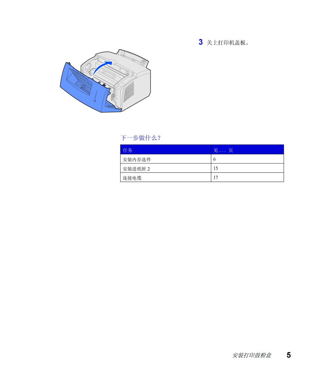 Lexmark Infoprint 1116 setup guide 下一步做什么？, 3 关上打印机盖板。, 安装打印鼓粉盒, 见 ... 页 