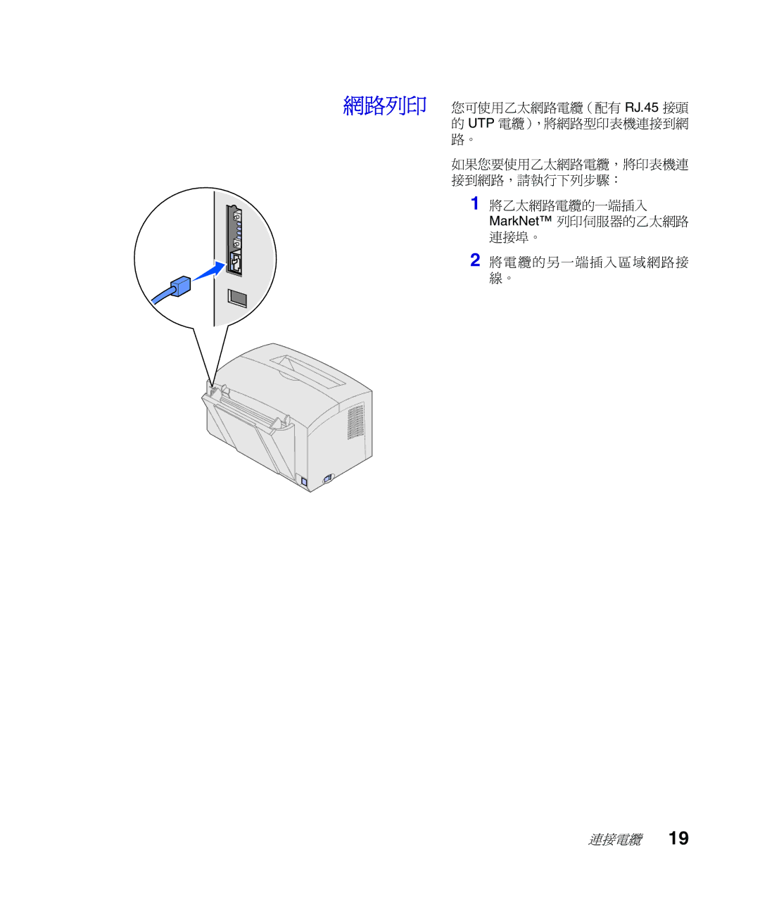 Lexmark Infoprint 1116 setup guide 網路列印 您可使用乙太網路電纜（配有 RJ.45 接頭 UTP 電纜），將網路型印表機連接到網 路。 