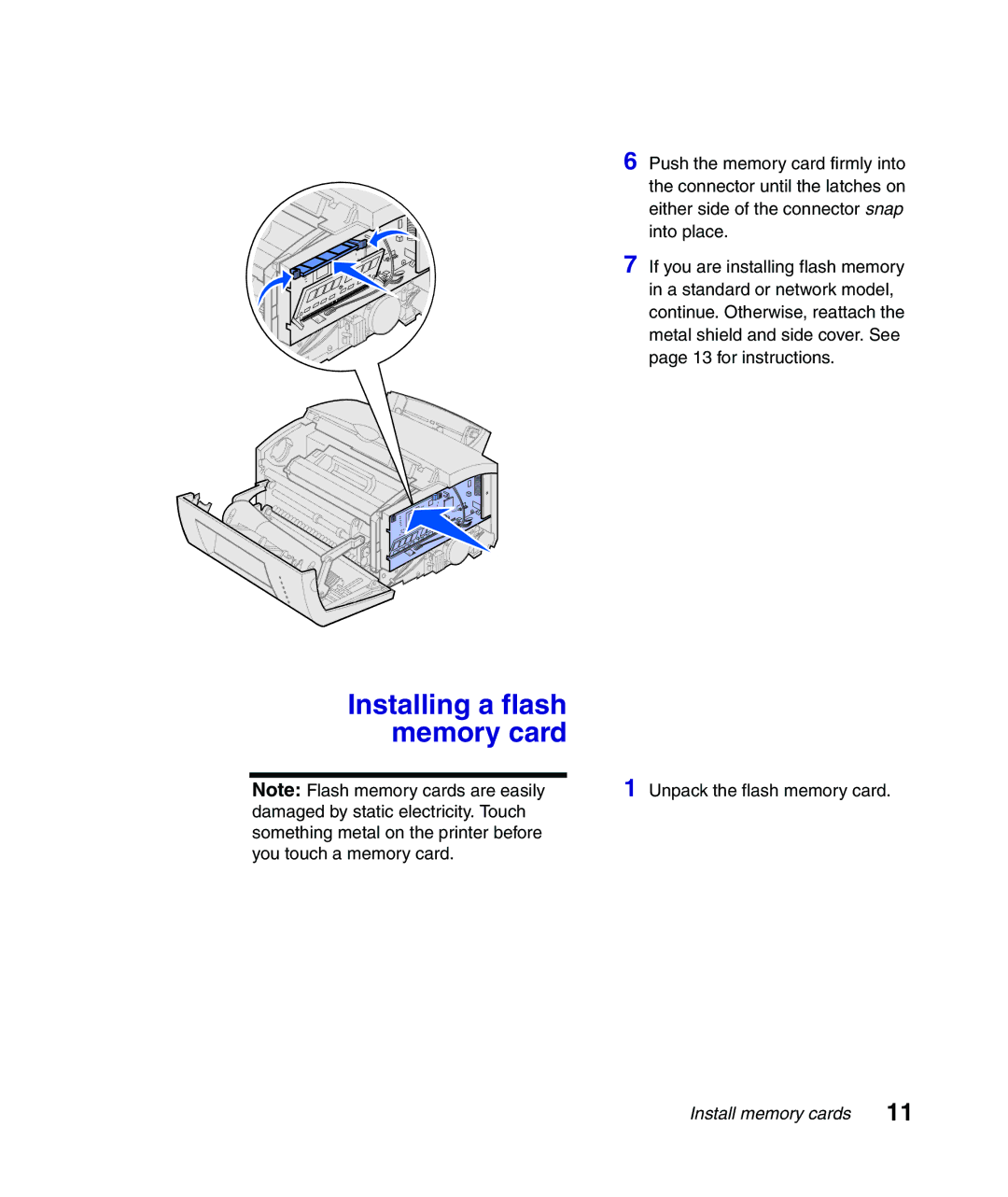 Lexmark Infoprint 1116 setup guide Installing a flash memory card 