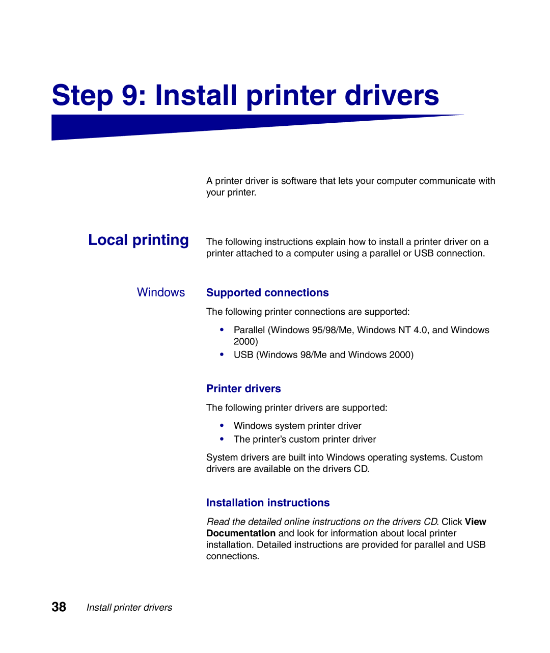 Lexmark Infoprint 1116 setup guide Install printer drivers, Windows Supported connections 