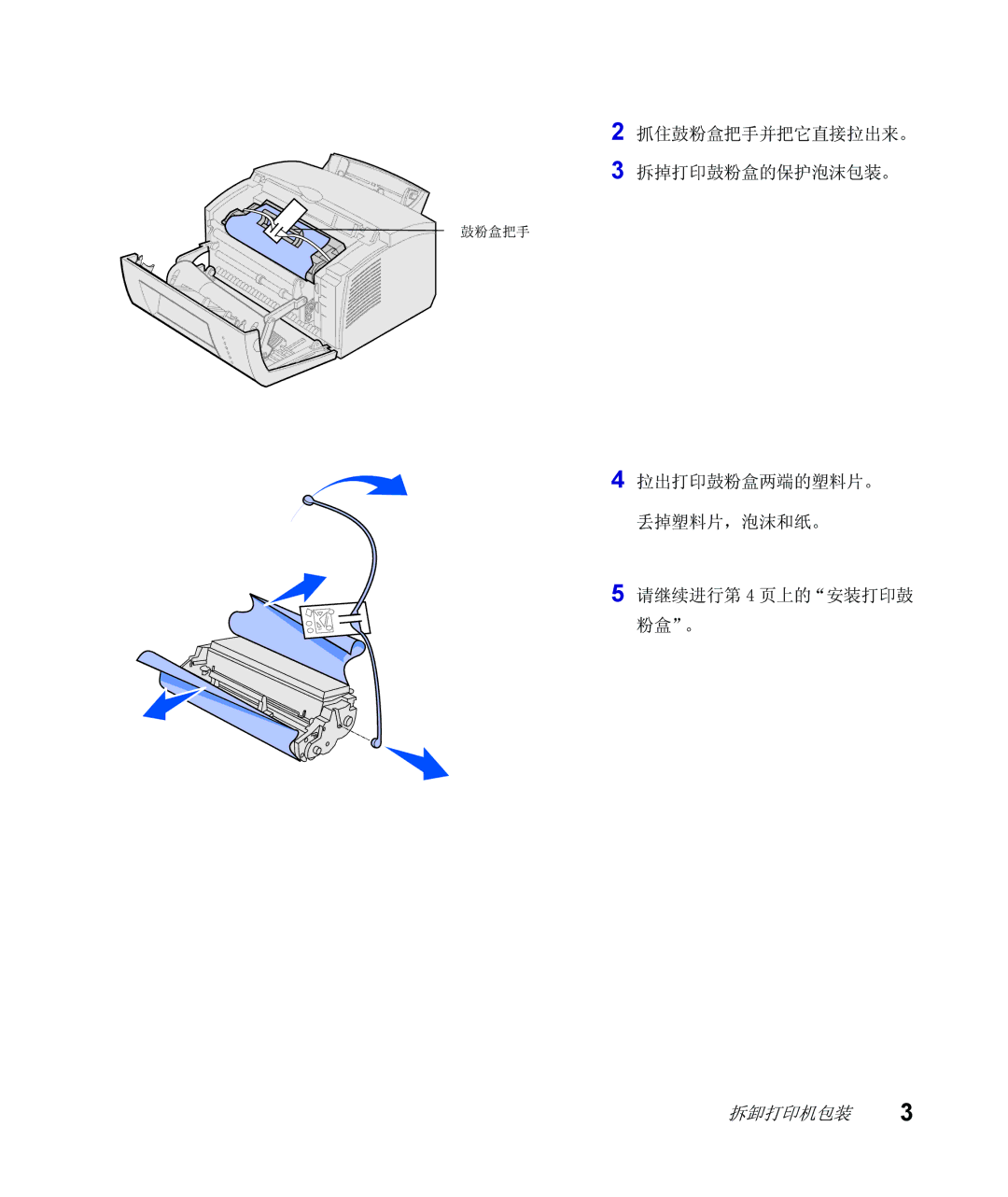 Lexmark Infoprint 1116 setup guide 抓住鼓粉盒把手并把它直接拉出来。 拆掉打印鼓粉盒的保护泡沫包装。 