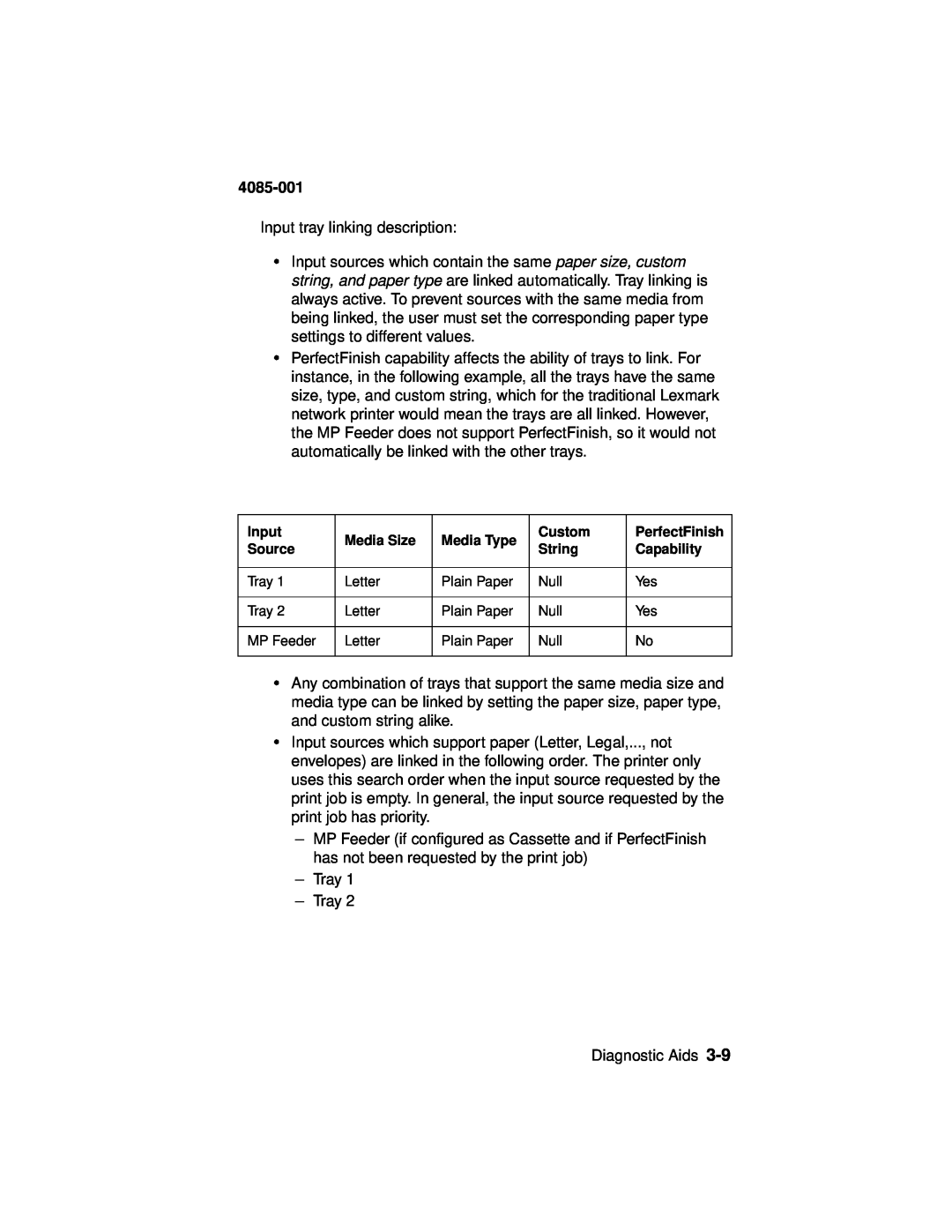 Lexmark Printer, J110 manual 4085-001, Input tray linking description 