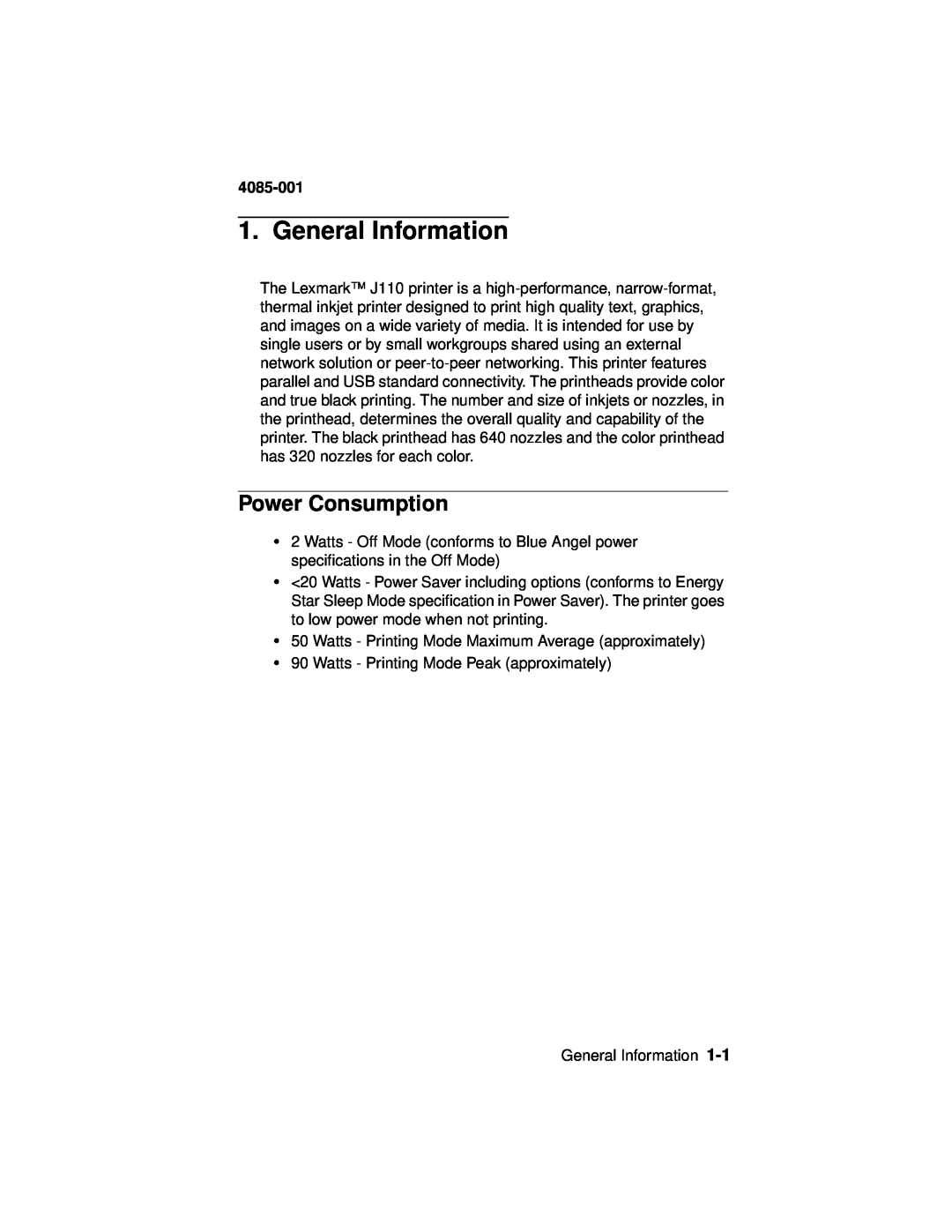 Lexmark Printer, J110 manual General Information, Power Consumption, 4085-001 