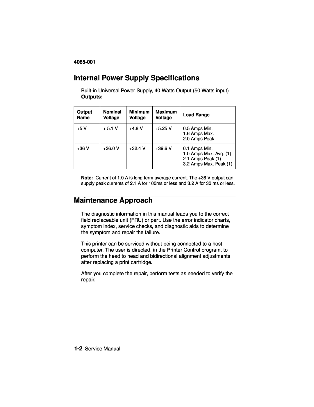 Lexmark J110, Printer manual Internal Power Supply Specifications, Maintenance Approach, Outputs, 4085-001 