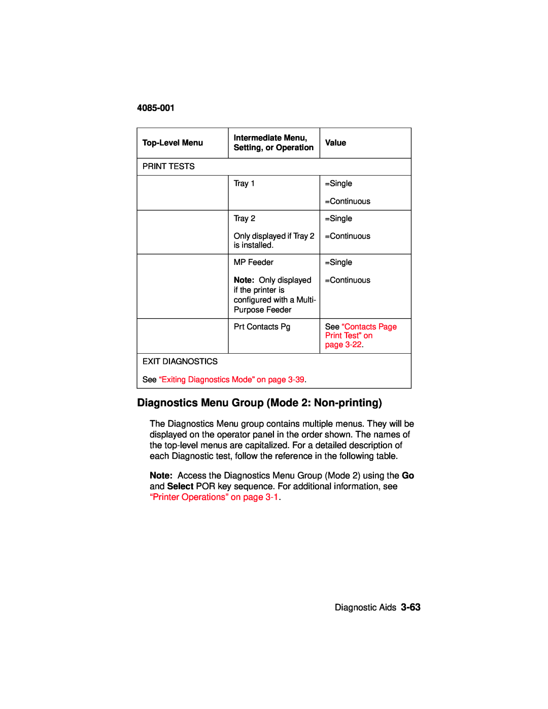 Lexmark Printer, J110 manual Diagnostics Menu Group Mode 2: Non-printing, 4085-001 