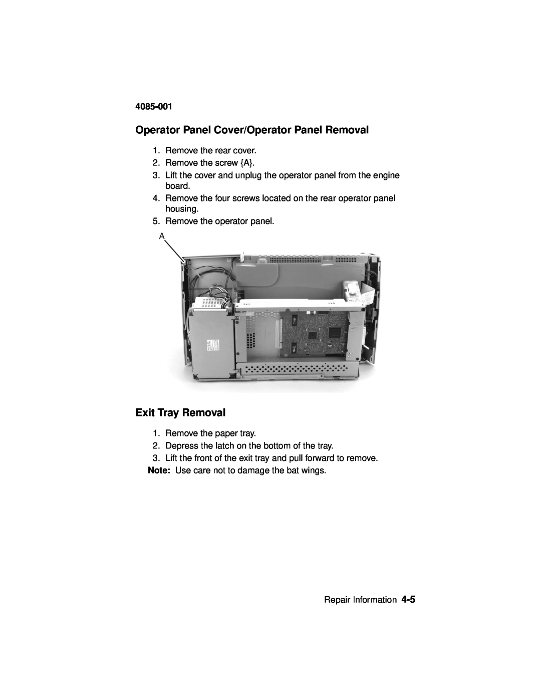 Lexmark Printer, J110 manual Operator Panel Cover/Operator Panel Removal, Exit Tray Removal, 4085-001 