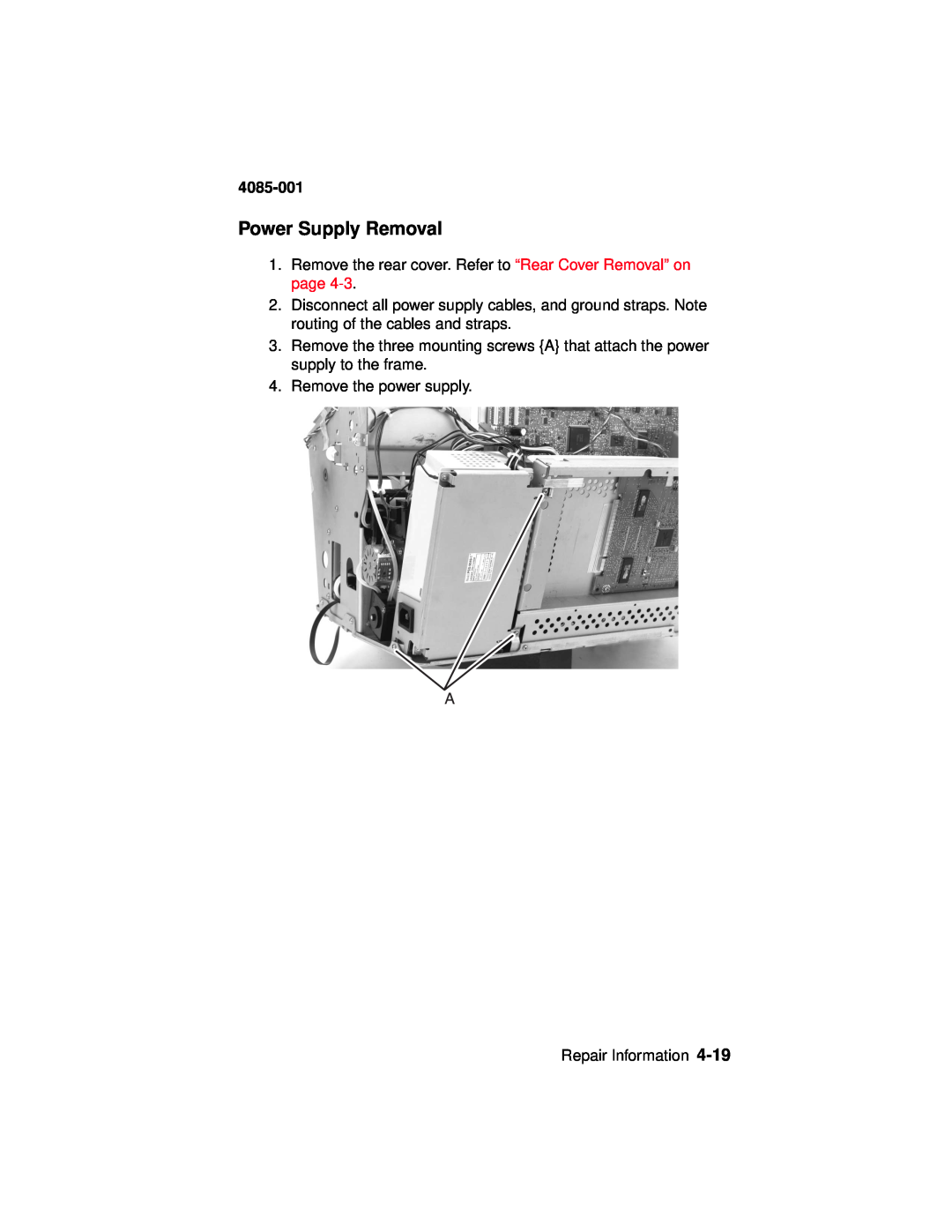 Lexmark Printer, J110 manual Power Supply Removal, 4085-001 