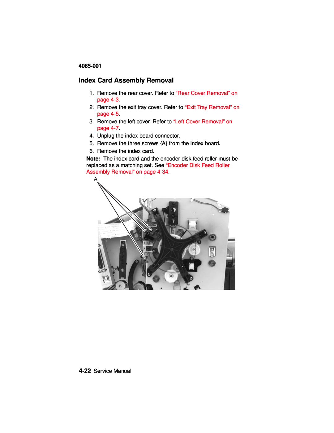 Lexmark J110, Printer manual Index Card Assembly Removal, 4085-001 
