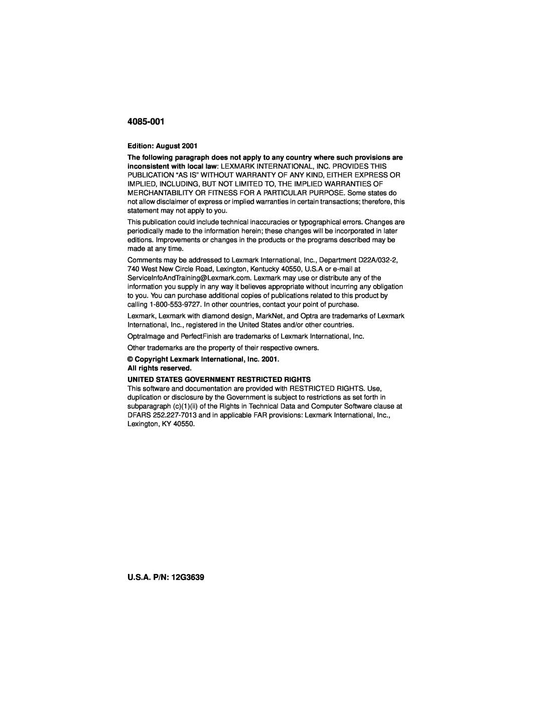 Lexmark J110, Printer manual 4085-001, U.S.A. P/N: 12G3639, Edition: August, United States Government Restricted Rights 