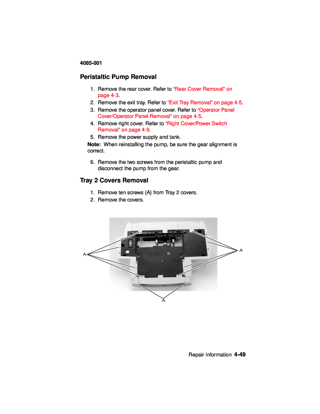 Lexmark Printer, J110 manual Peristaltic Pump Removal, Tray 2 Covers Removal, 4085-001 