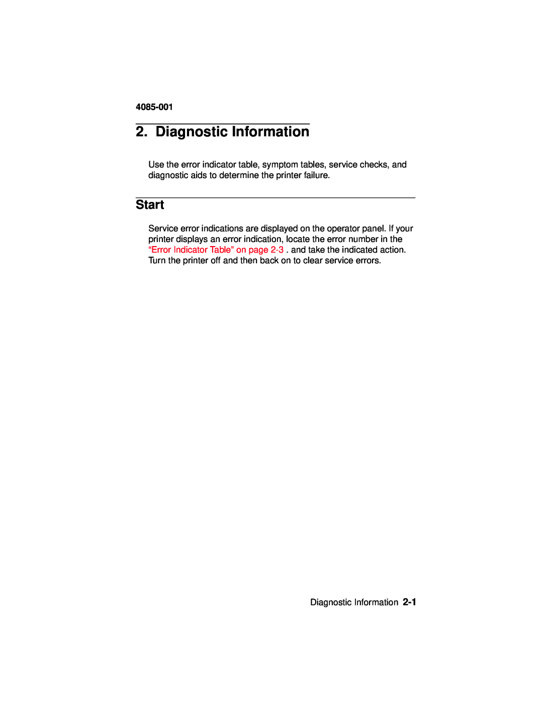 Lexmark Printer, J110 manual Diagnostic Information, Start, 4085-001 