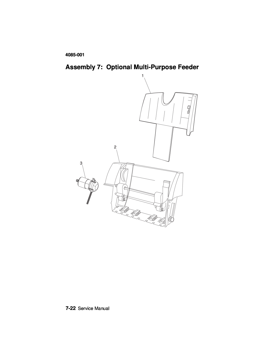 Lexmark J110, Printer manual Assembly 7: Optional Multi-PurposeFeeder, 4085-001, Service Manual 