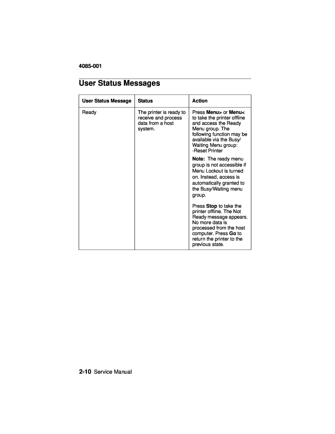 Lexmark J110, Printer manual User Status Messages, 4085-001, Service Manual 