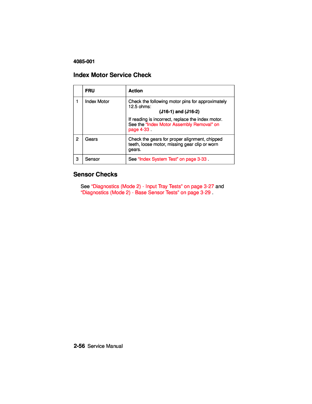 Lexmark J110, Printer manual Index Motor Service Check, Sensor Checks, 4085-001, Service Manual 