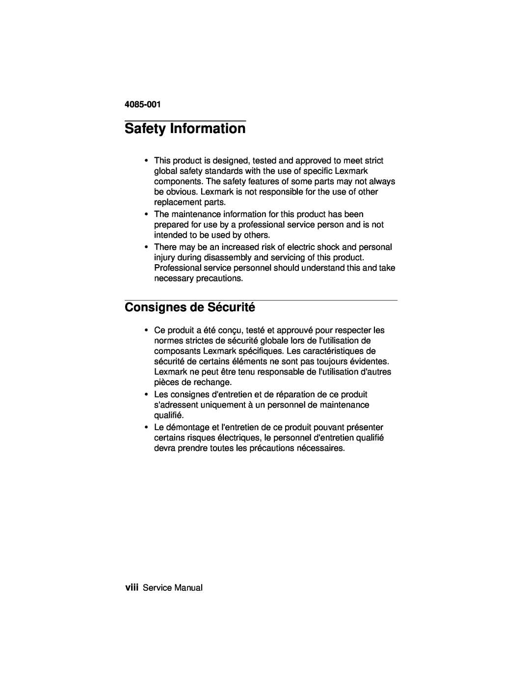Lexmark J110, Printer manual Safety Information, Consignes de Sécurité, 4085-001 