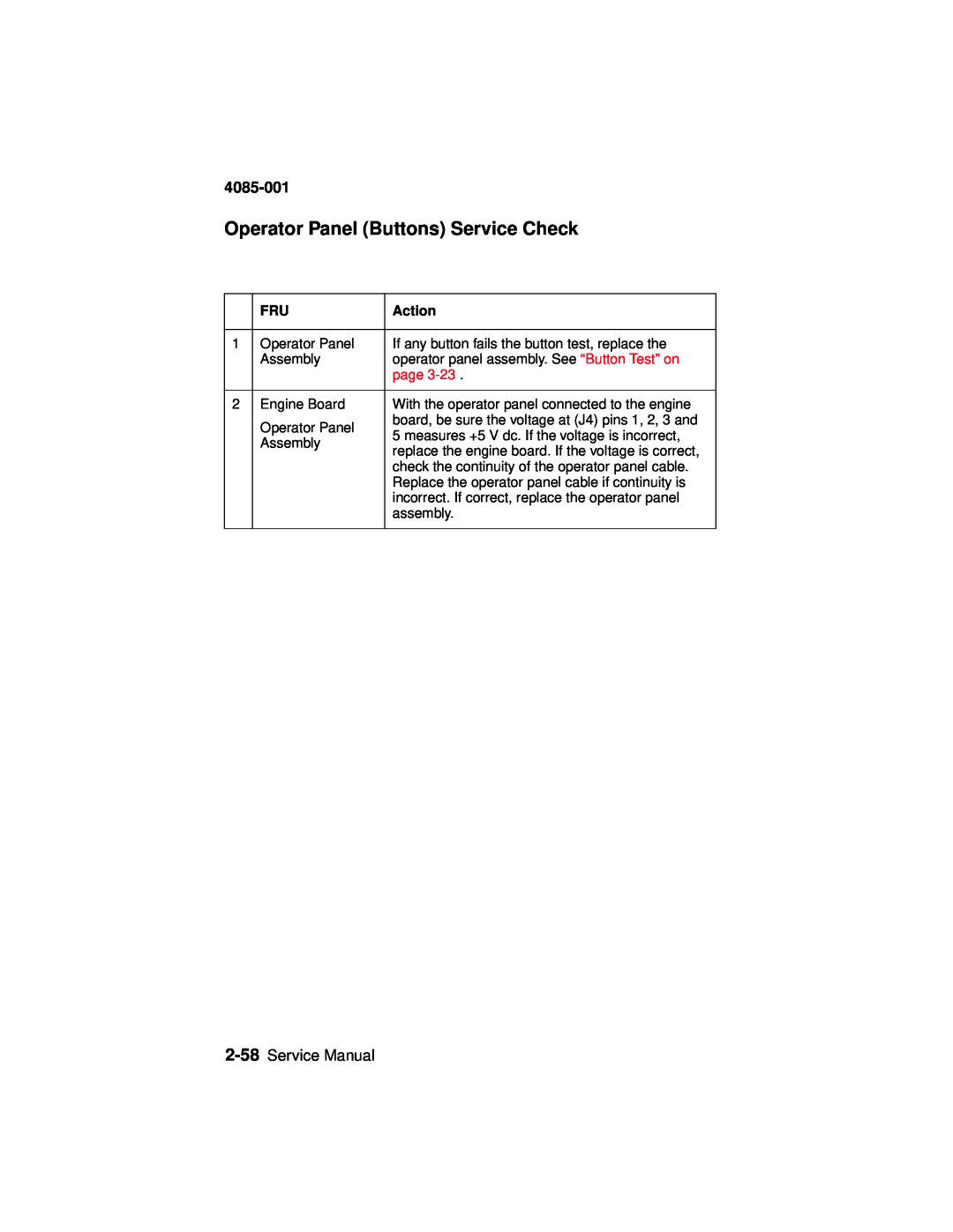 Lexmark J110, Printer manual Operator Panel Buttons Service Check, 4085-001, Service Manual 