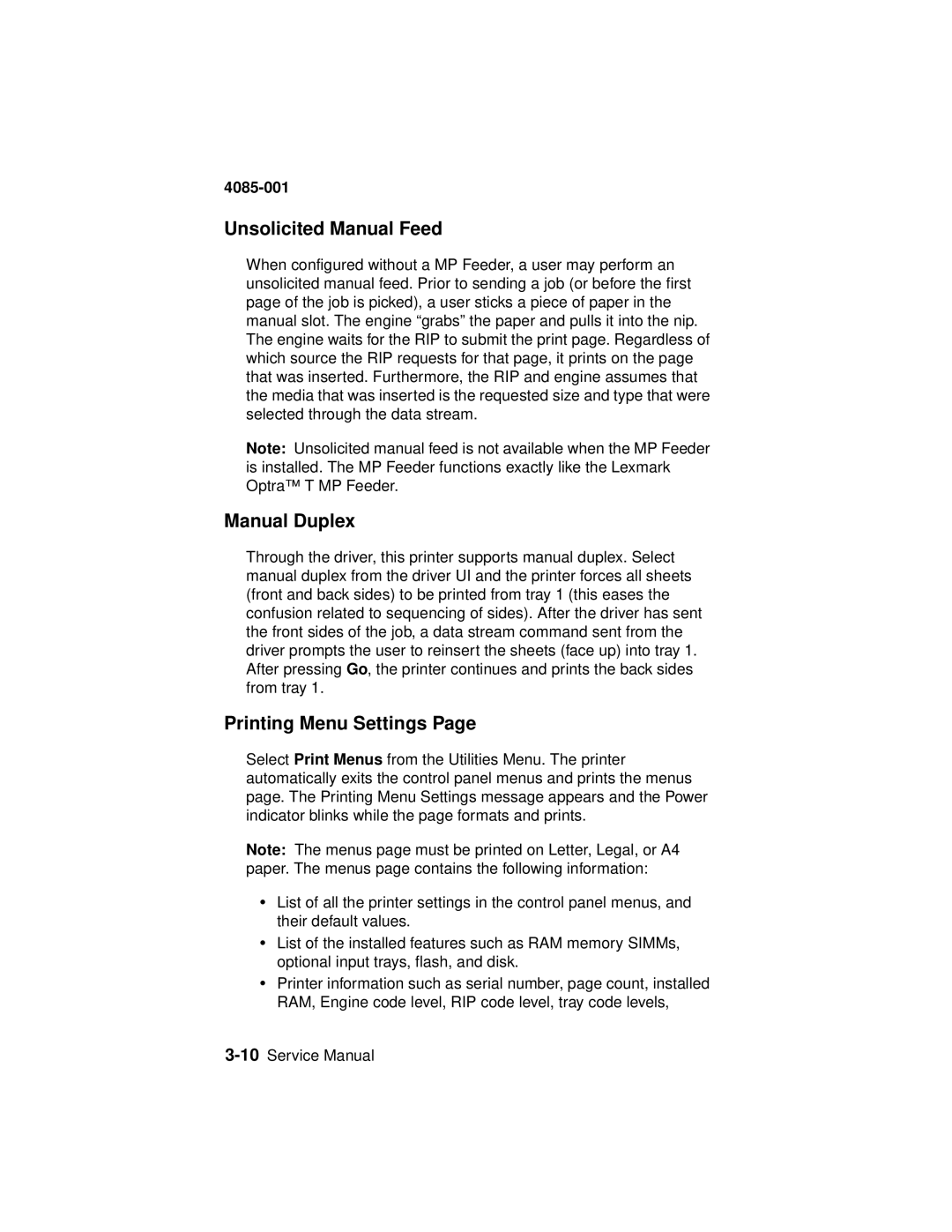 Lexmark J110, Printer manual Unsolicited Manual Feed, Manual Duplex, Printing Menu Settings 