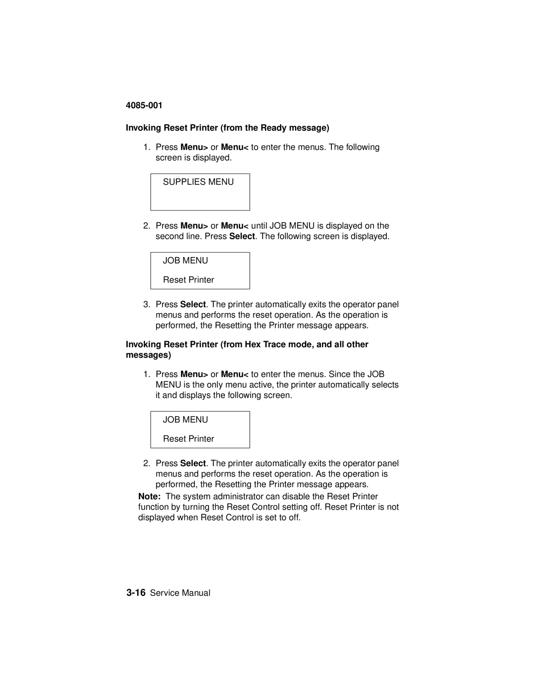 Lexmark J110 manual Invoking Reset Printer from the Ready message, Supplies Menu 