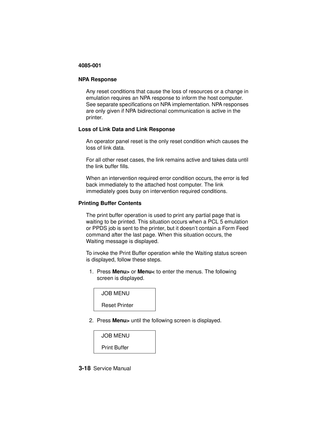 Lexmark J110, Printer manual NPA Response, Loss of Link Data and Link Response, Printing Buffer Contents 