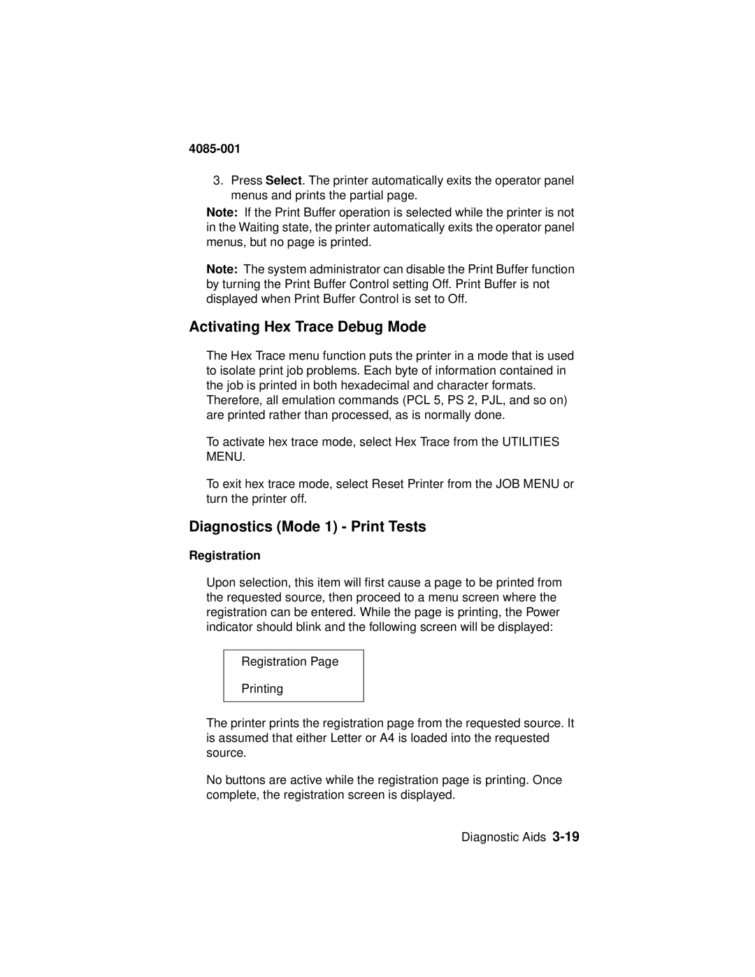 Lexmark Printer, J110 manual Activating Hex Trace Debug Mode, Diagnostics Mode 1 Print Tests, Registration 