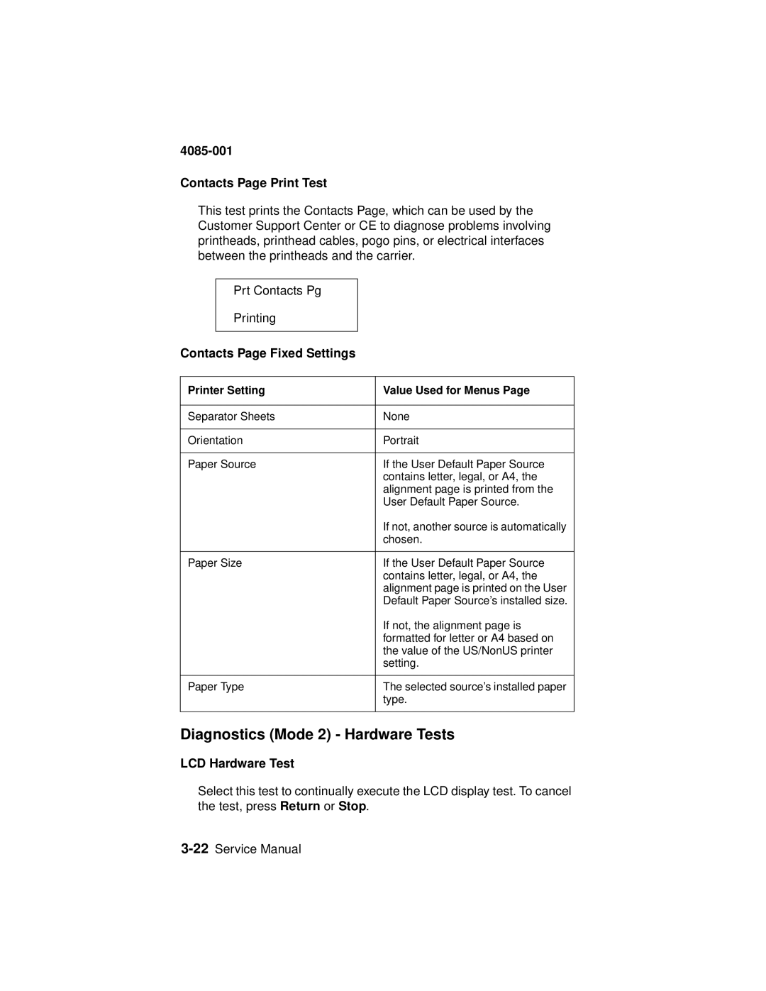 Lexmark J110 Diagnostics Mode 2 Hardware Tests, Contacts Page Print Test, Contacts Page Fixed Settings, LCD Hardware Test 