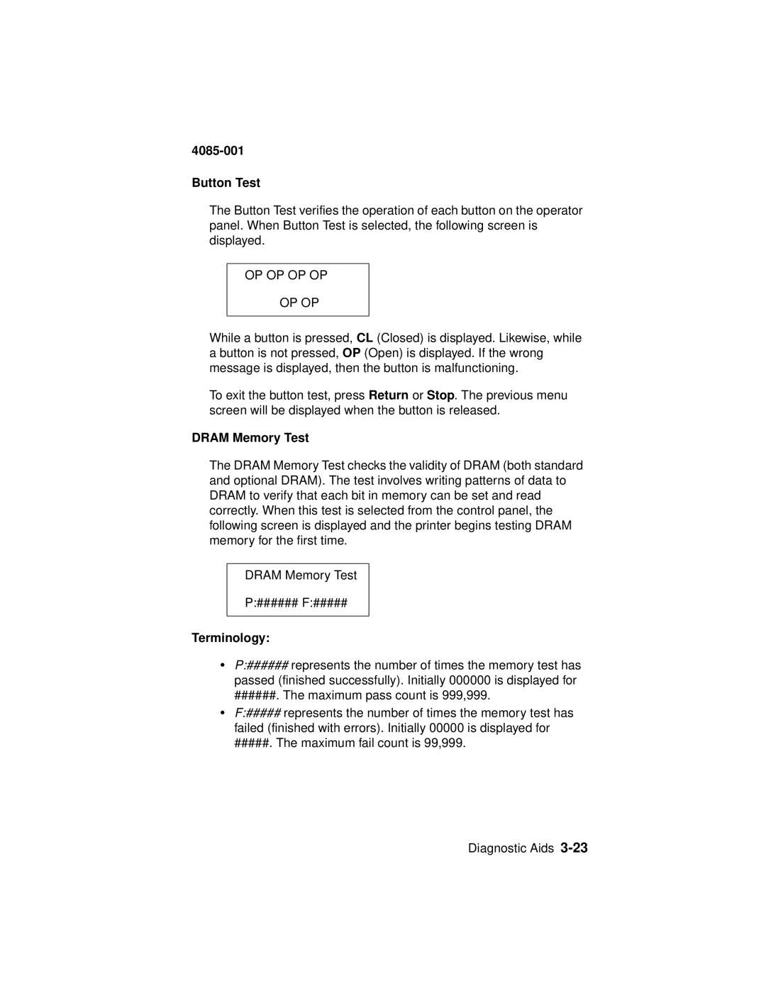 Lexmark Printer, J110 manual Button Test, Dram Memory Test 