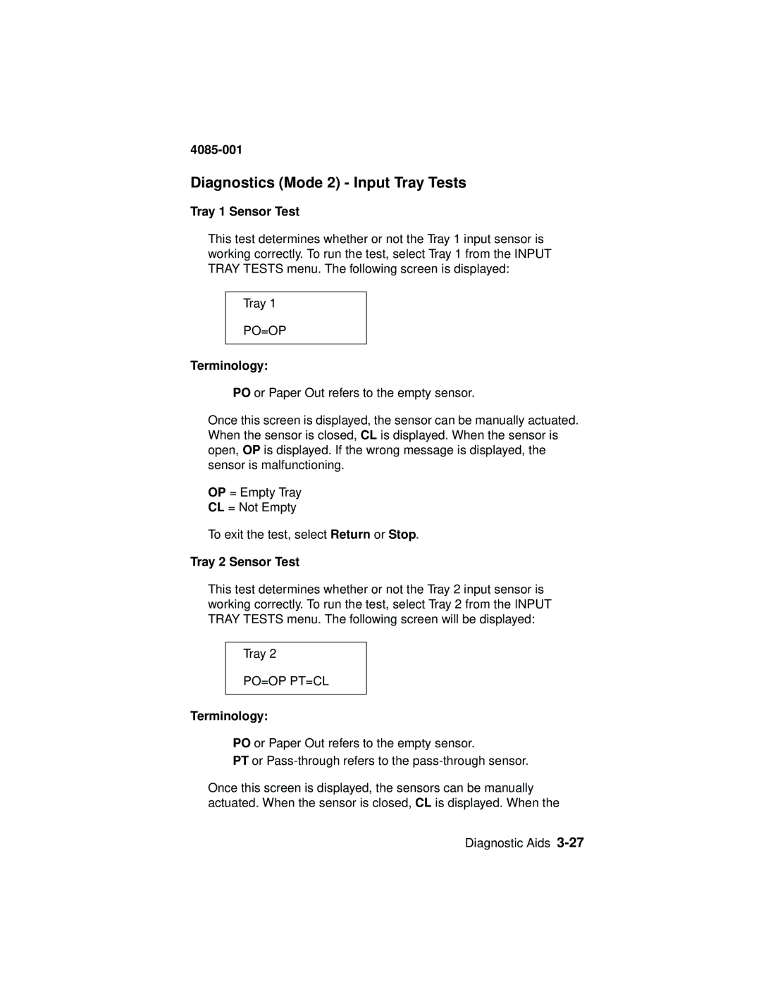 Lexmark Printer, J110 manual Diagnostics Mode 2 Input Tray Tests, Tray 1 Sensor Test, Tray 2 Sensor Test 