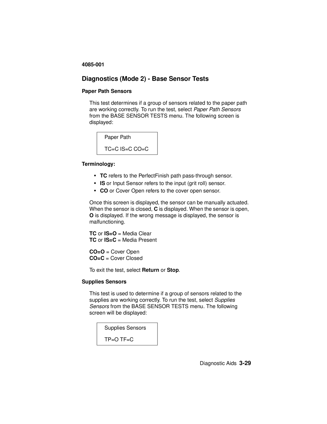 Lexmark Printer, J110 manual Diagnostics Mode 2 Base Sensor Tests, Paper Path Sensors, Supplies Sensors 