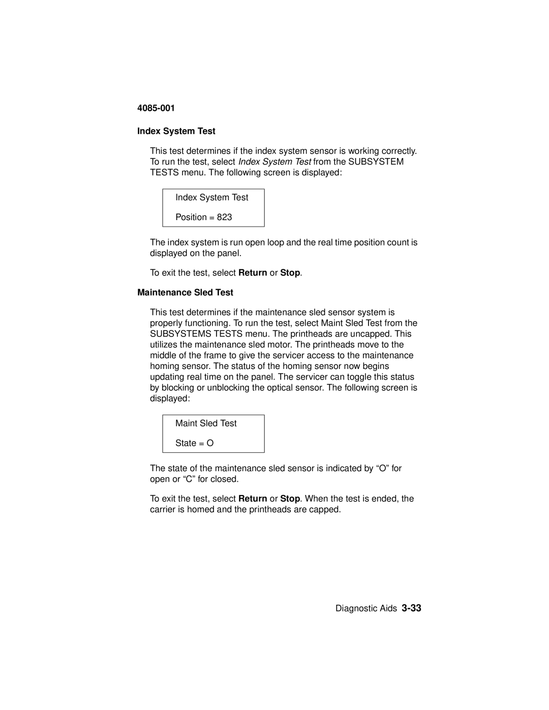 Lexmark Printer, J110 manual Index System Test, Maintenance Sled Test 