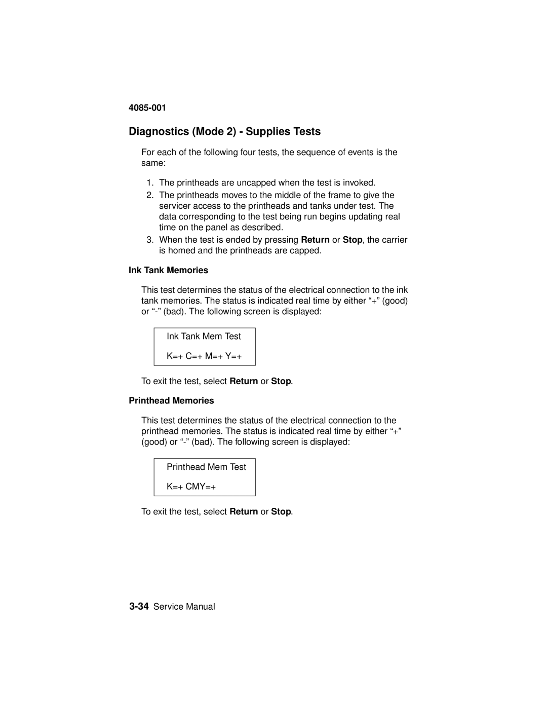 Lexmark J110, Printer manual Diagnostics Mode 2 Supplies Tests, Ink Tank Memories, Printhead Memories 