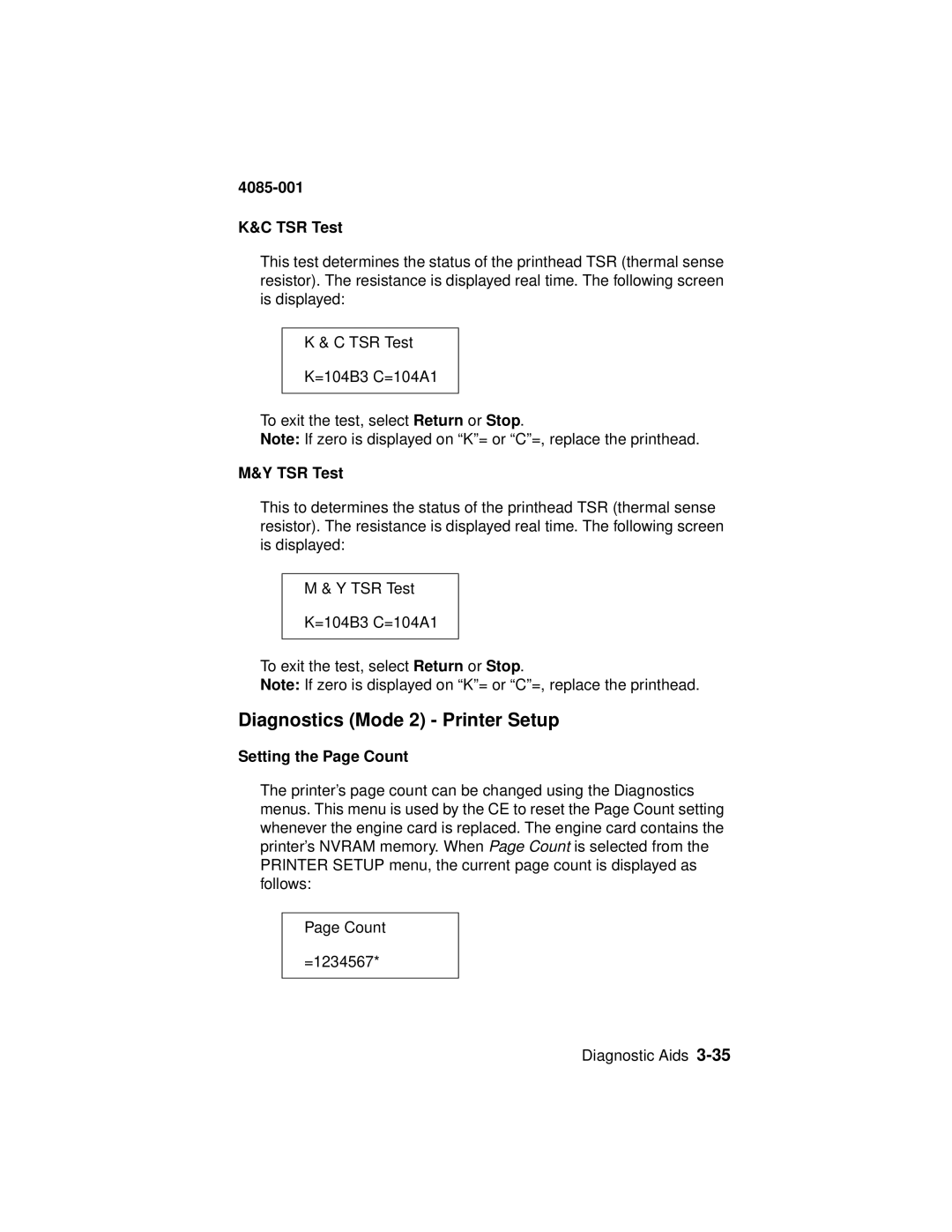 Lexmark J110 manual Diagnostics Mode 2 Printer Setup, TSR Test, Setting the Page Count 