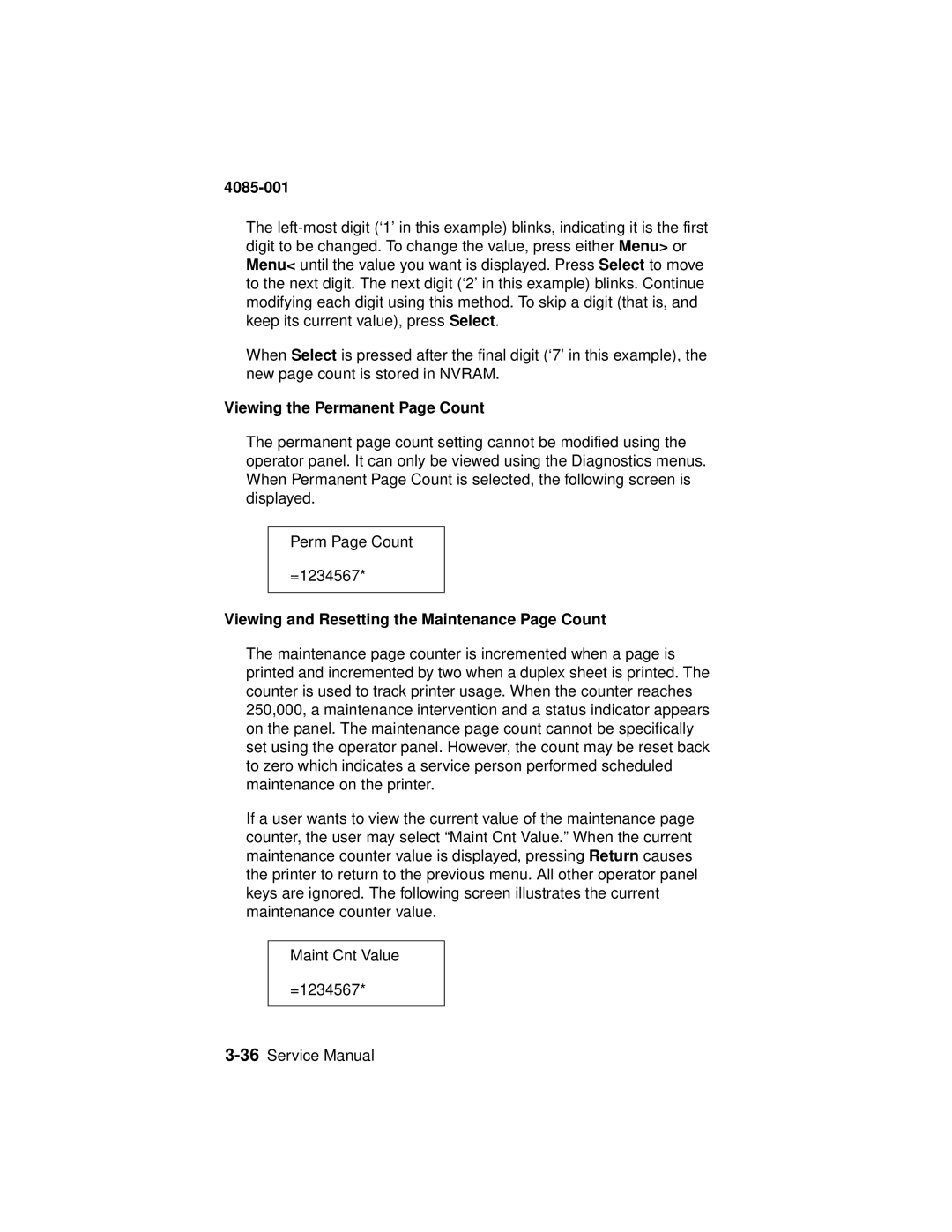 Lexmark J110, Printer manual Viewing the Permanent Page Count, Viewing and Resetting the Maintenance Page Count 