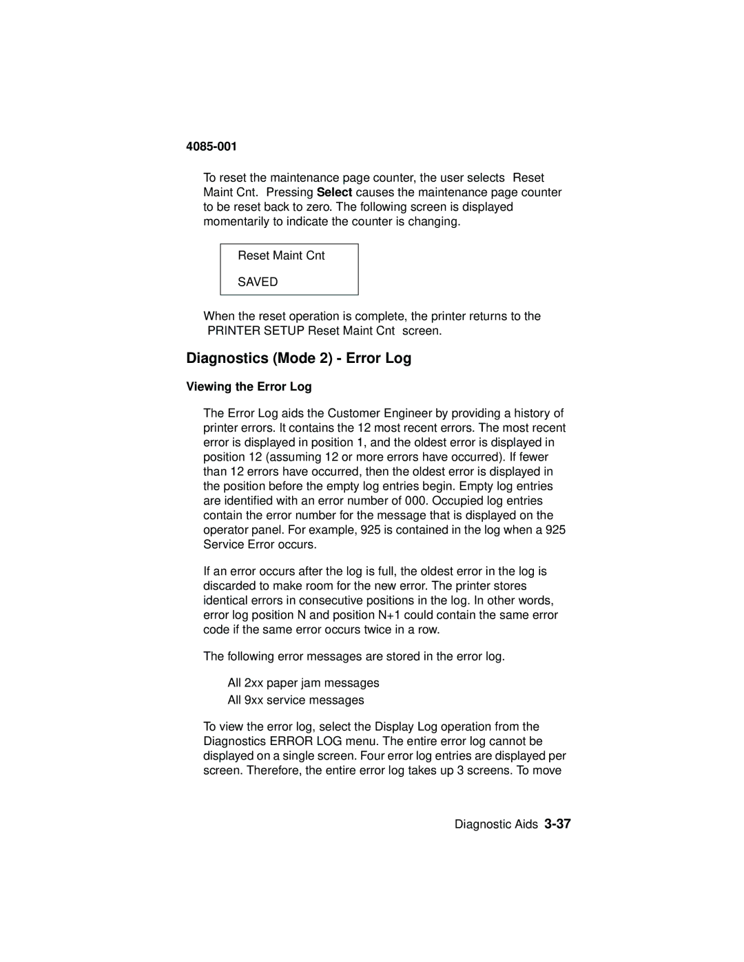 Lexmark Printer, J110 manual Diagnostics Mode 2 Error Log, Viewing the Error Log 