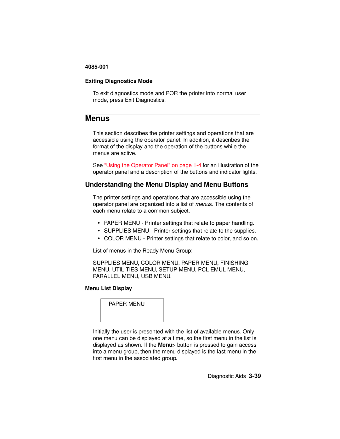 Lexmark Printer, J110 Menus, Understanding the Menu Display and Menu Buttons, Exiting Diagnostics Mode, Menu List Display 