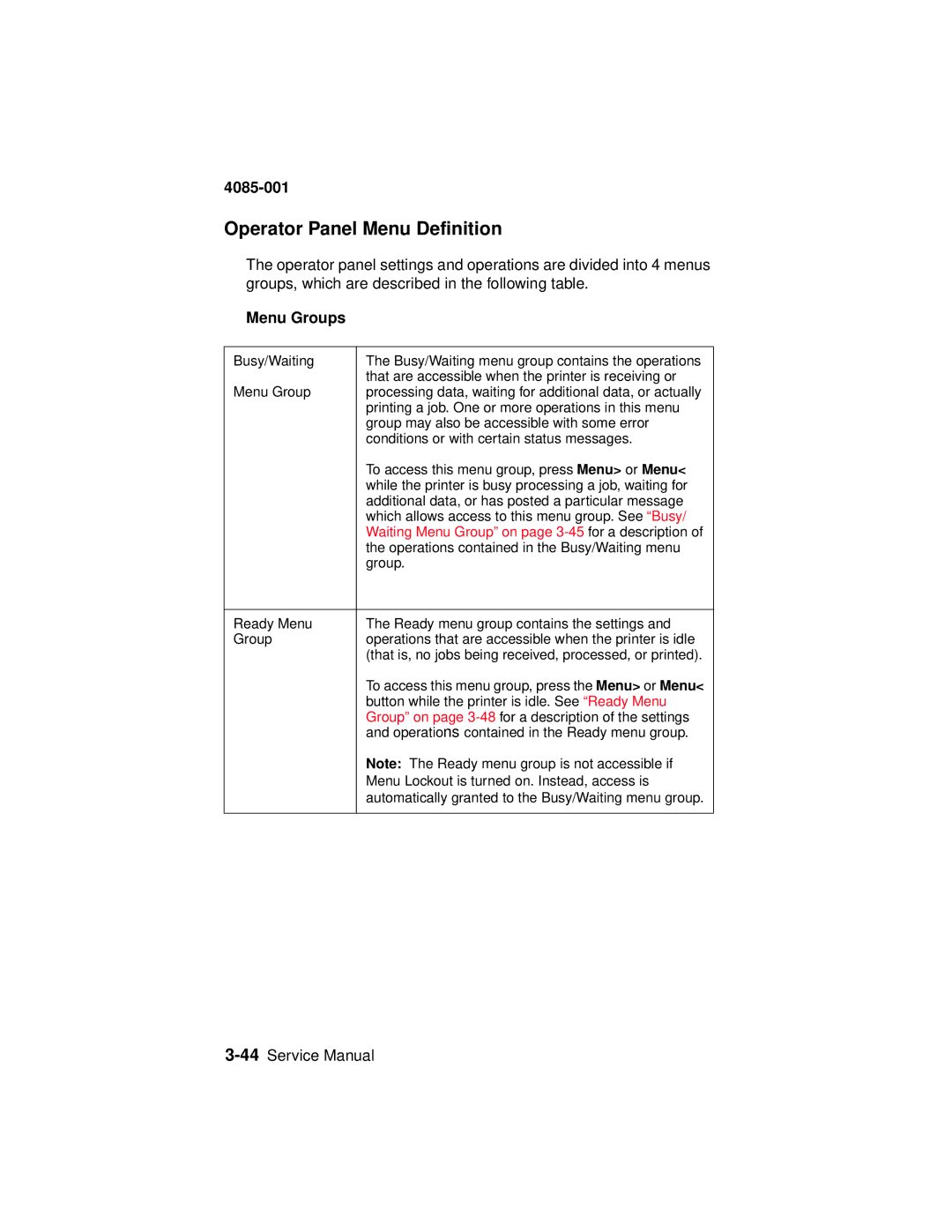 Lexmark J110, Printer manual Operator Panel Menu Definition, Menu Groups, Waiting Menu Group on page 3-45 for a description 