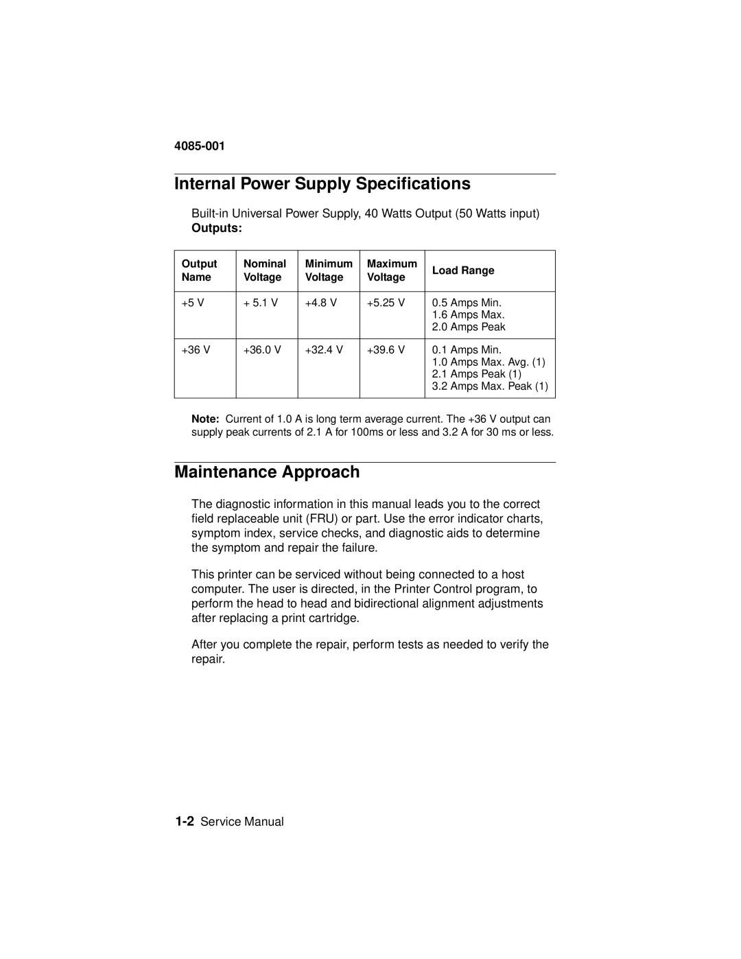 Lexmark J110, Printer manual Internal Power Supply Specifications, Maintenance Approach, Outputs 