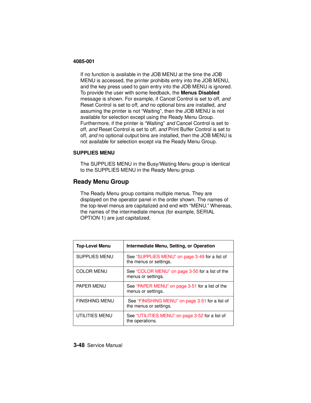 Lexmark J110, Printer manual Ready Menu Group, Top-Level Menu Intermediate Menu, Setting, or Operation 