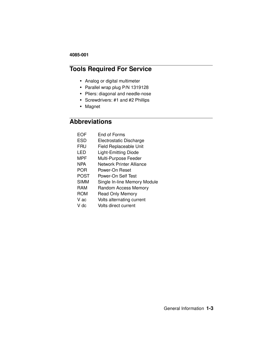 Lexmark Printer, J110 manual Tools Required For Service, Abbreviations 