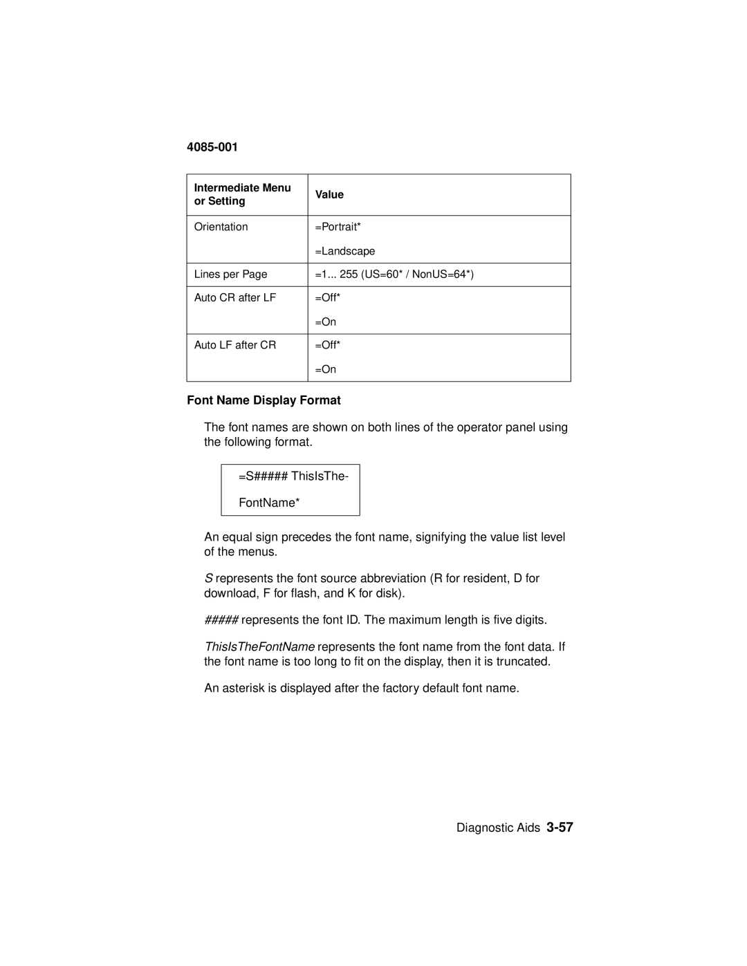 Lexmark Printer, J110 manual Font Name Display Format, Intermediate Menu Value Or Setting 