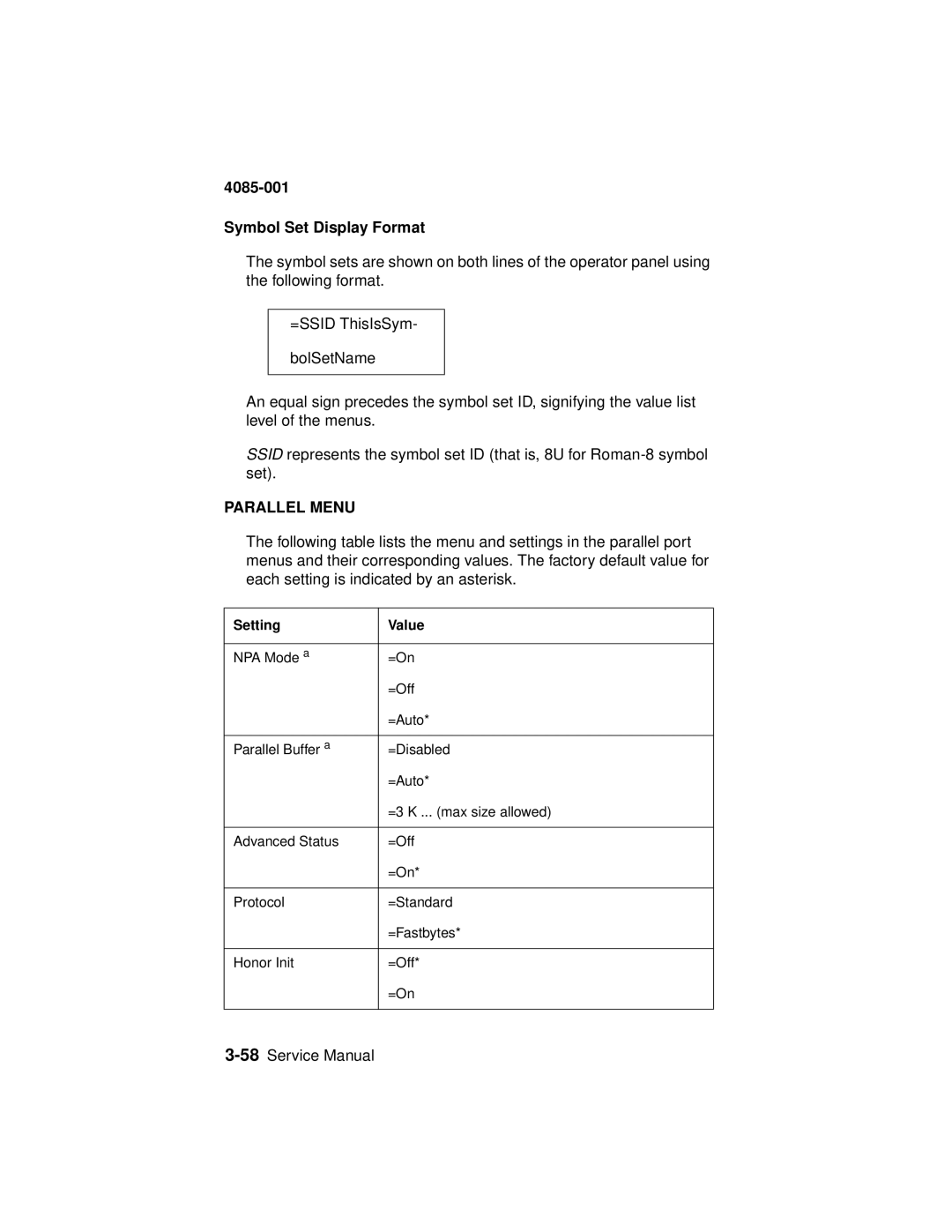 Lexmark J110, Printer manual Symbol Set Display Format, Setting Value 