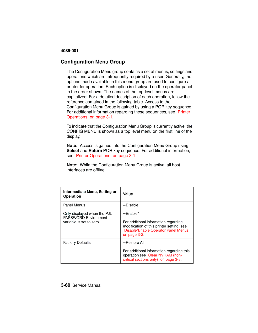 Lexmark J110 Configuration Menu Group, Intermediate Menu, Setting or Value Operation, Disable/Enable Operator Panel Menus 