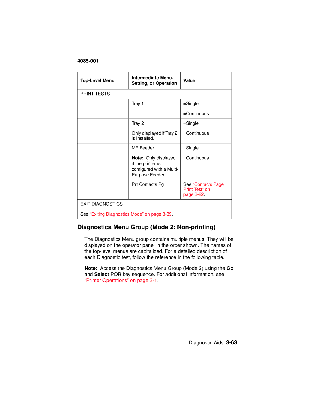 Lexmark Printer Diagnostics Menu Group Mode 2 Non-printing, See Contacts, Print Test on, See Exiting Diagnostics Mode on 