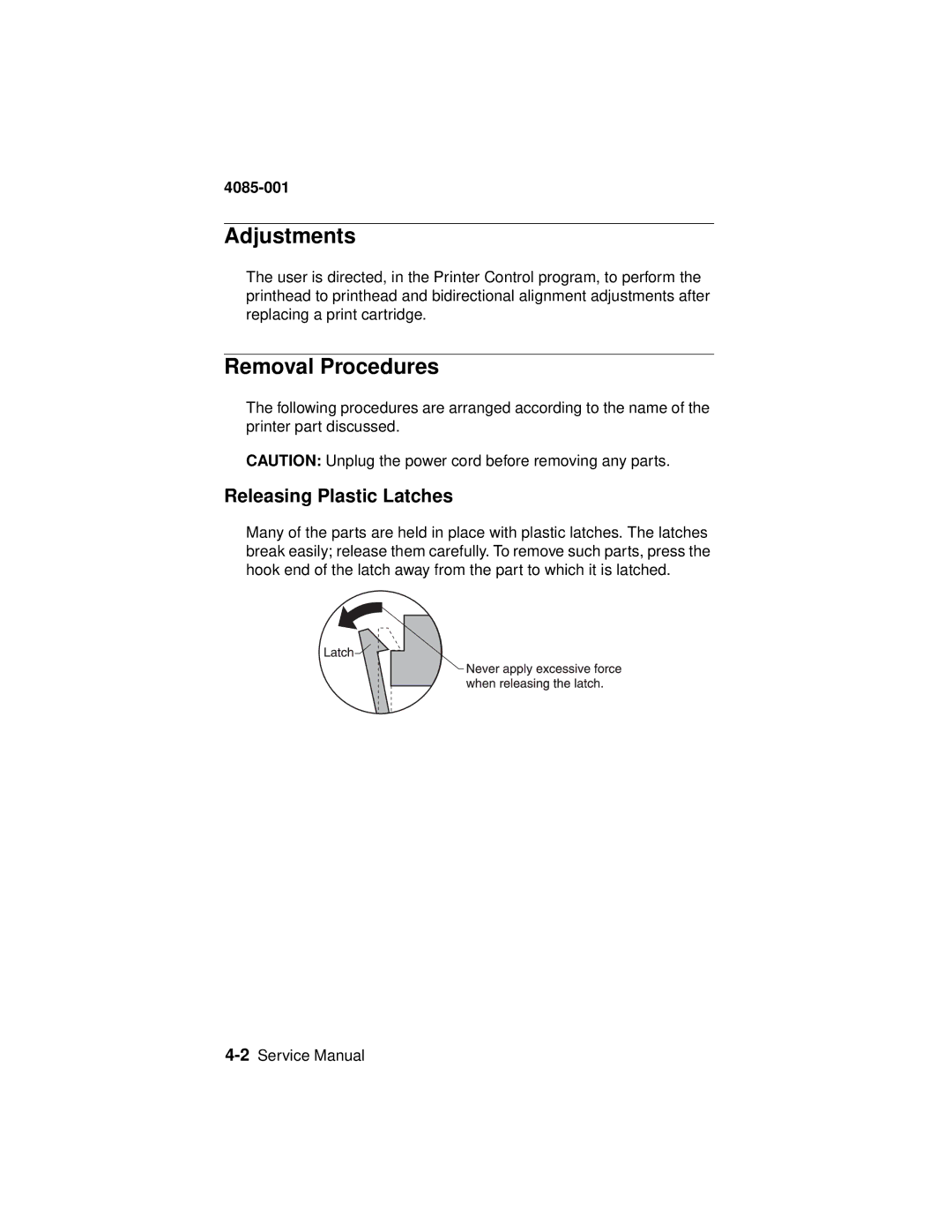 Lexmark J110, Printer manual Adjustments, Removal Procedures, Releasing Plastic Latches 