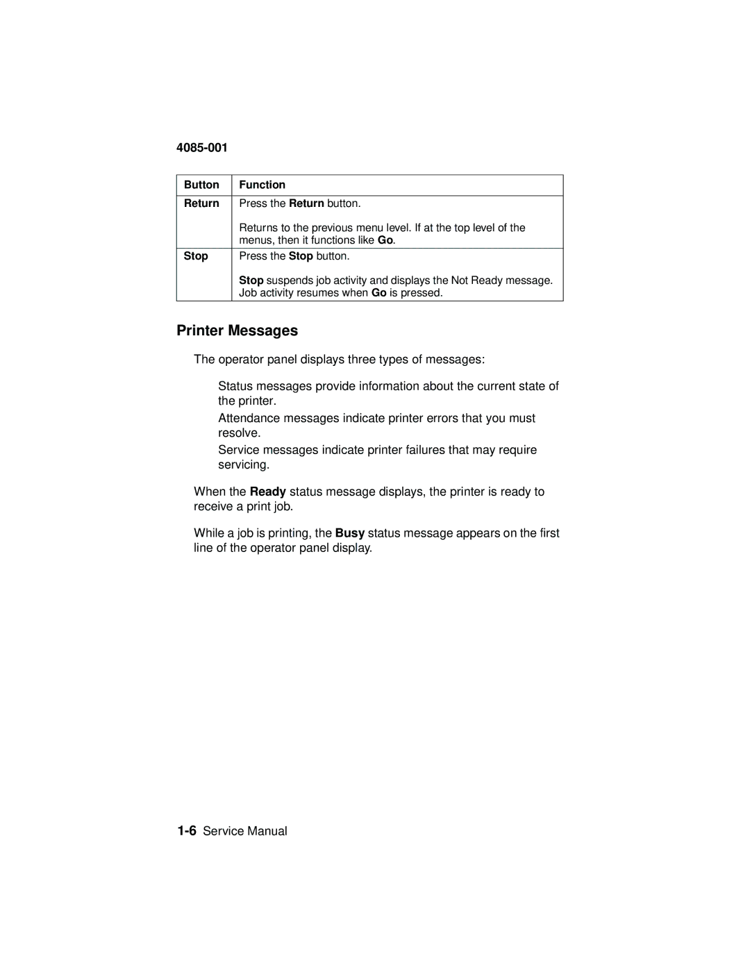 Lexmark J110 manual Printer Messages, Button Function Return 