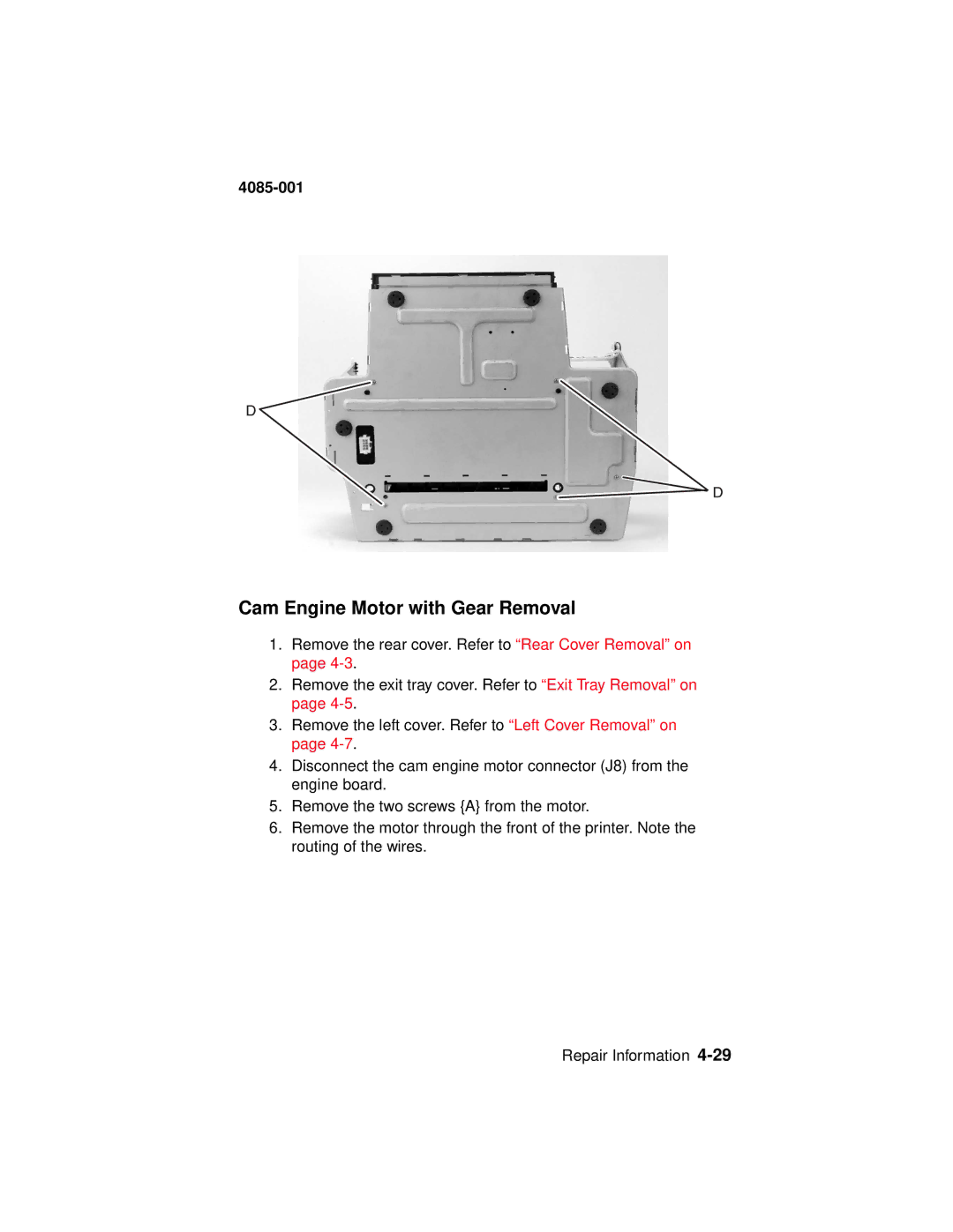 Lexmark Printer, J110 manual Cam Engine Motor with Gear Removal 